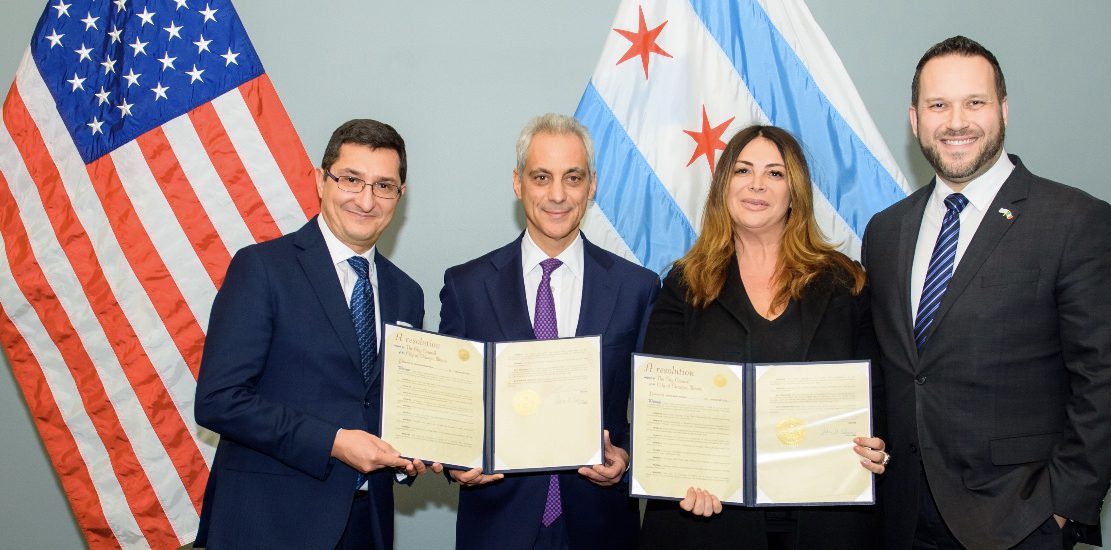 Consul General in Chicago Giuseppe Finocchiaro, Major of  Chicago Rahm Emanuel, Co-Chair Commission Chicago/ Milan  Sister Cities International, Francesca Parvizyar and Joseph Monastero